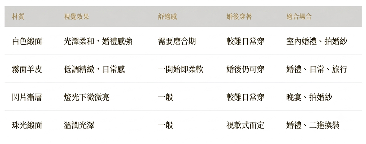 緞面與羊皮婚鞋材質比較